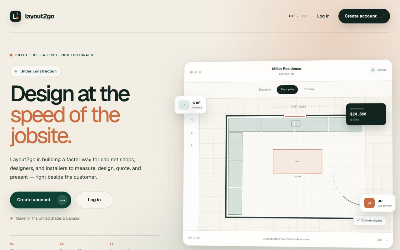 Capture of the Layout2go public website; illustrative presentation, not live customer results